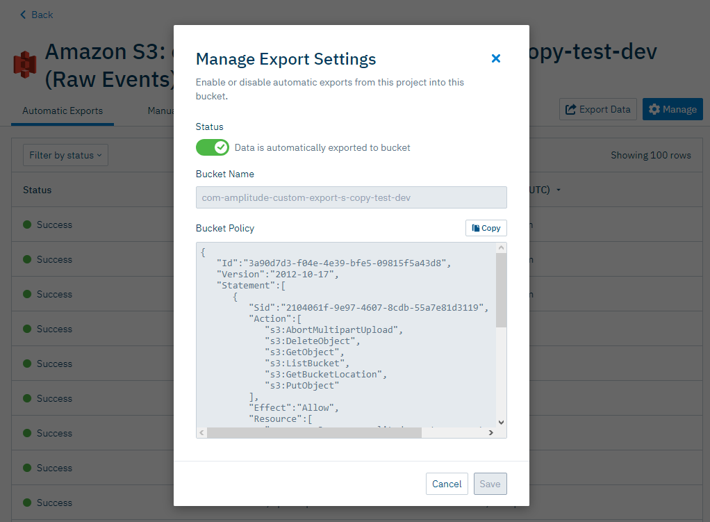 Screenshot of the manage export settings modal