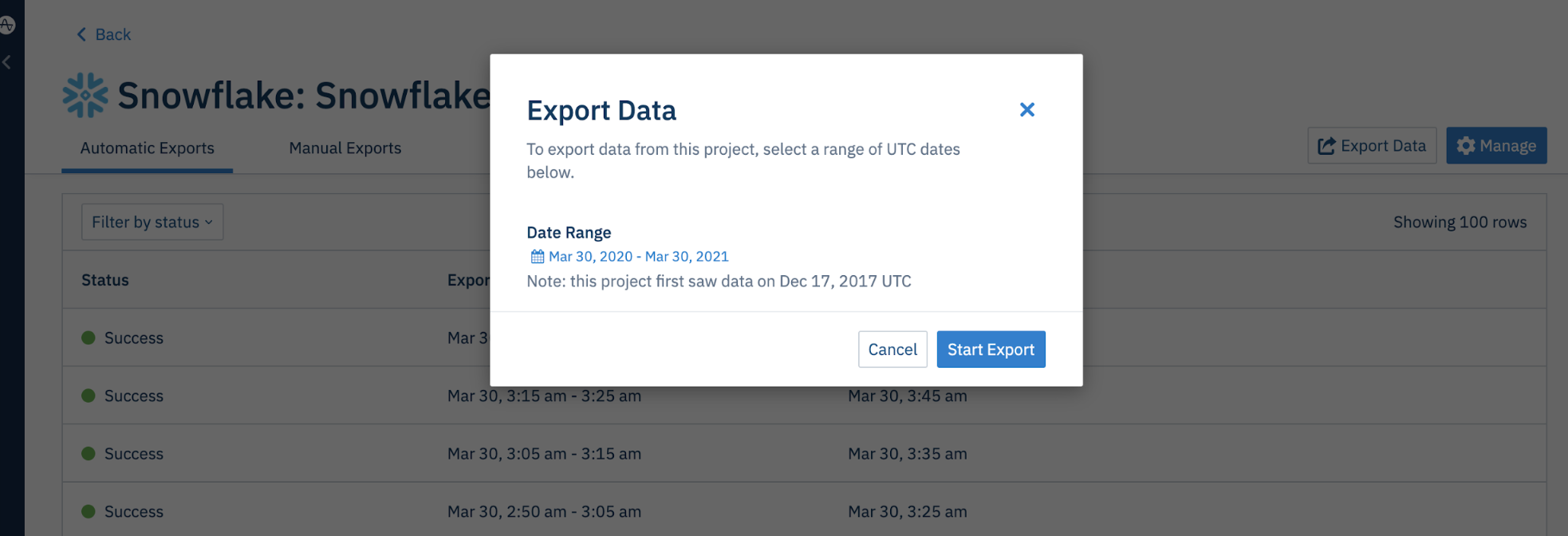 a screenshot of the Snowflake export data modal