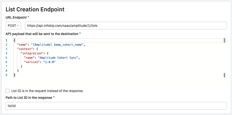 screenshot of the list creation endpoint config